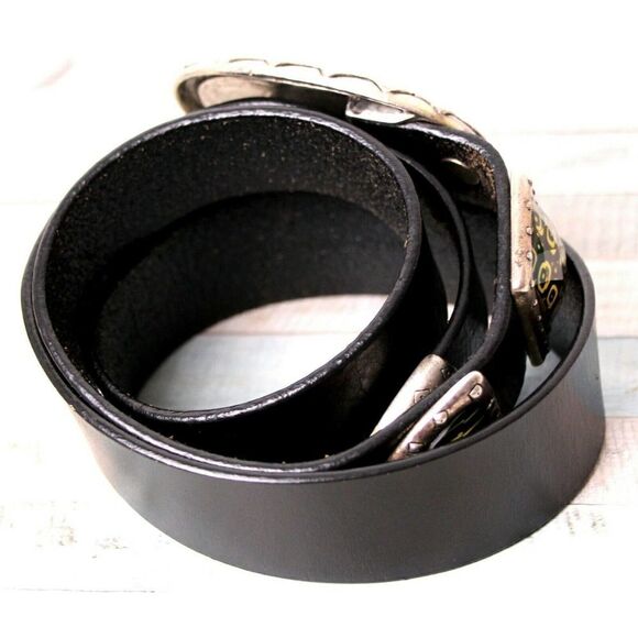 VINTAGE BLACK GENUINE LEATHER 1.25"Wd HOOK BUCKLE CASUAL WOMEN'S BELT Sz M (G74 - Picture 5 of 12